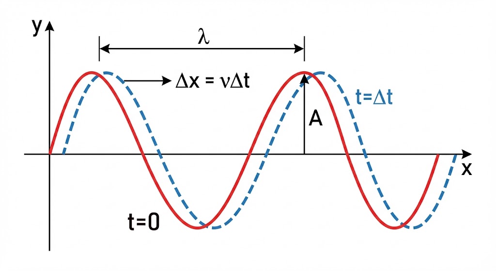 Snapshot of wave at t=0 and t=?t showing wavelength and speed
